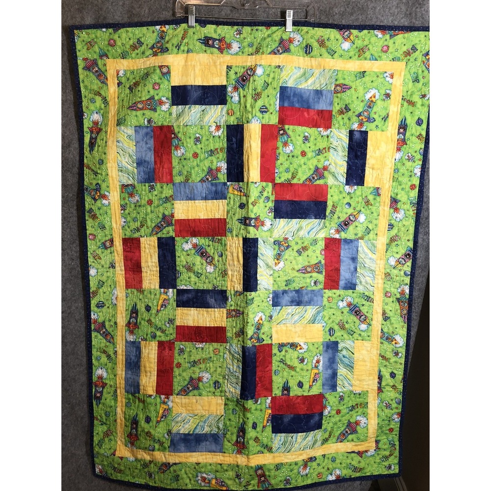 Handmade Quilt 48x36 Green Kids Space Blast Off Coverlet Wall Hanging